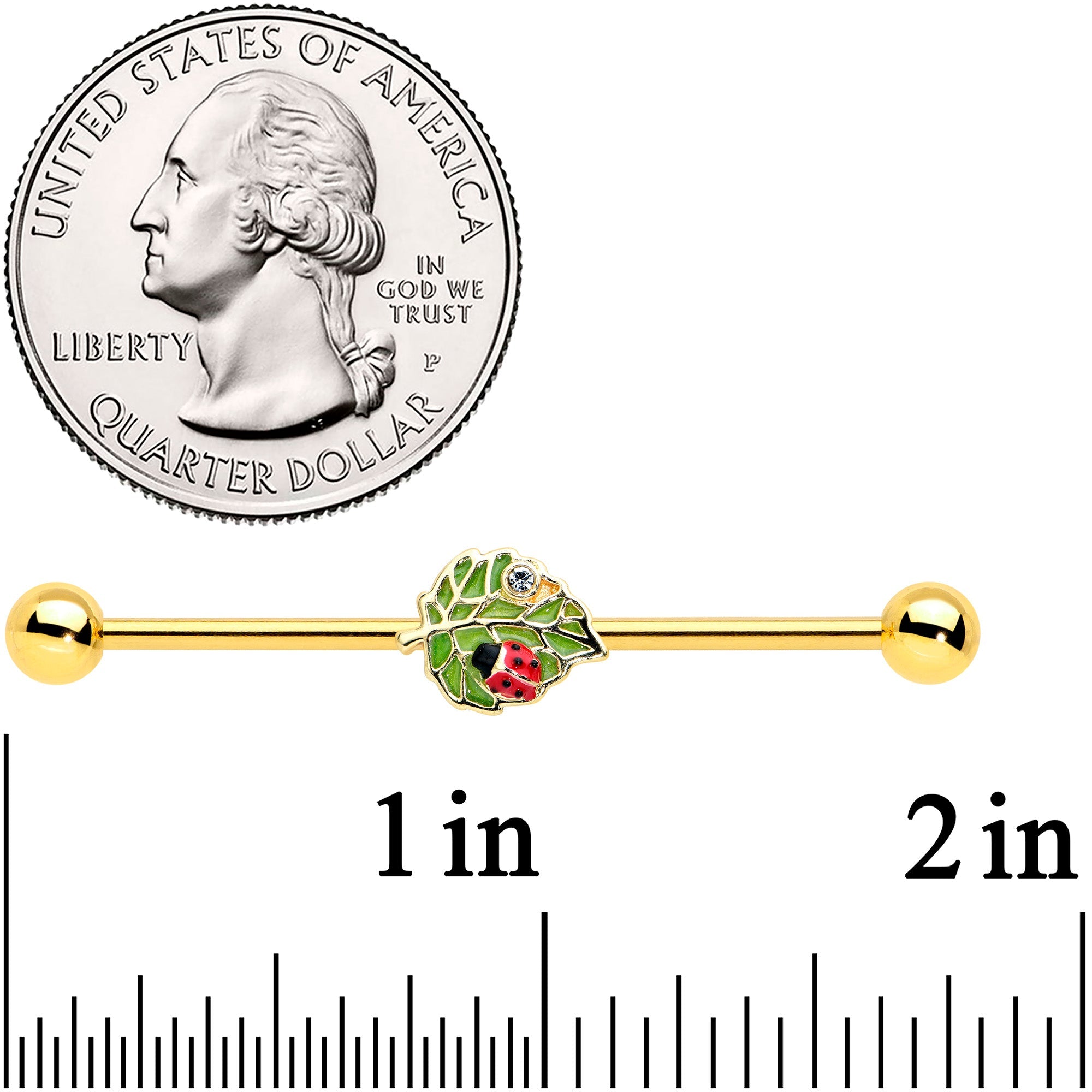 BodyCandy 14G Clear Gem Gold Tone Leafy Ladybug Industrial Barbell 38mm — detail close-up