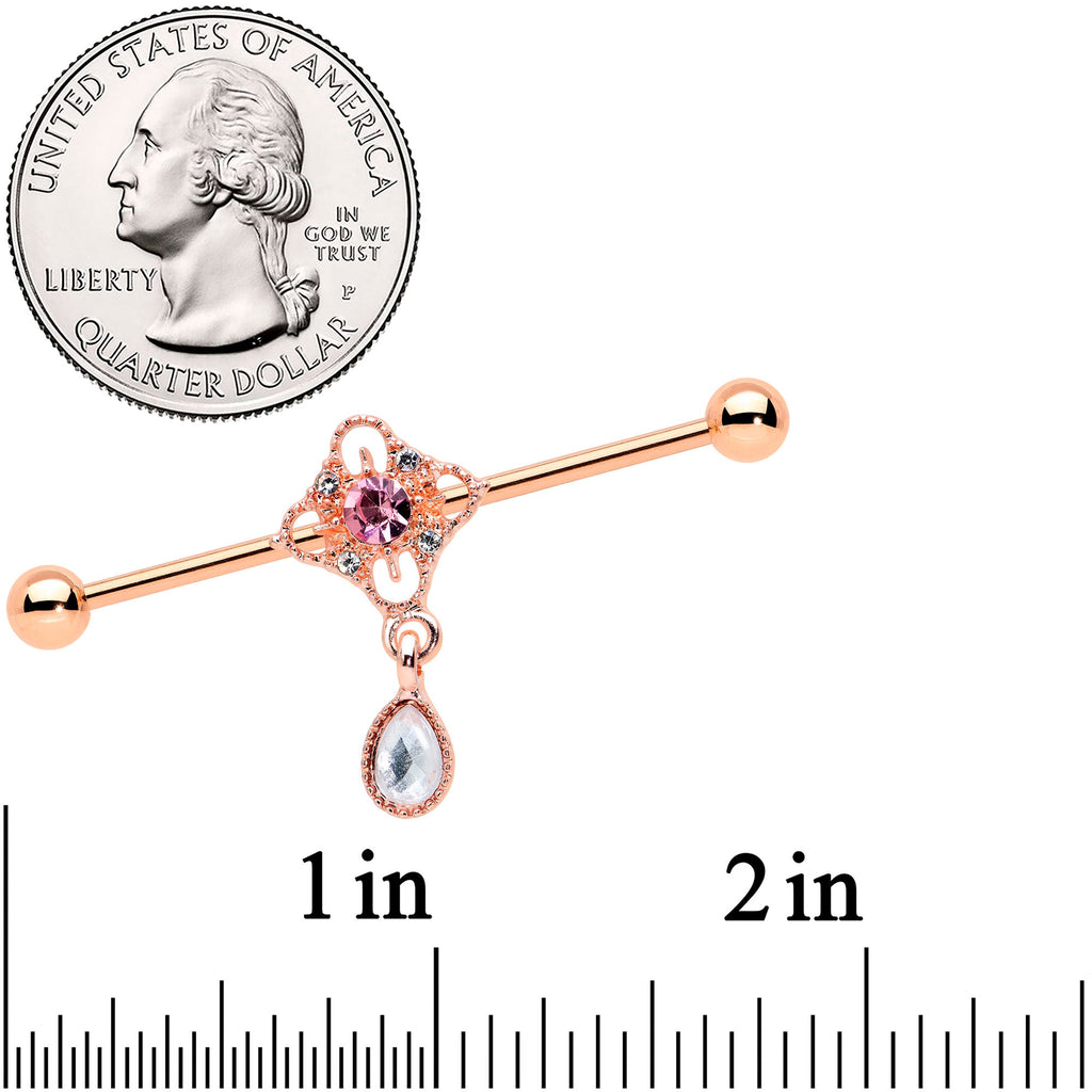 BodyCandy 14G Purple Gem Rose Gold Hue Cross Dangle Industrial Barbell 38mm — detail close-up