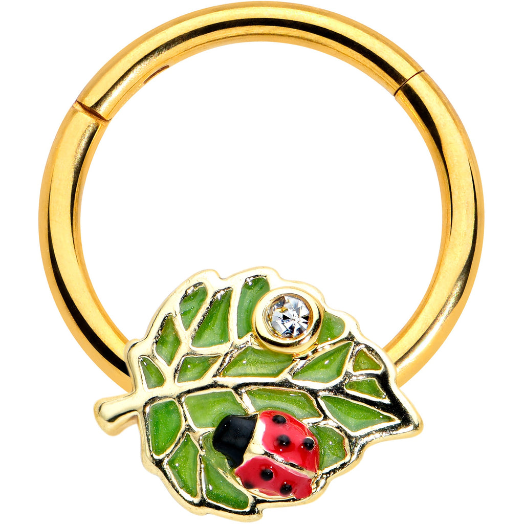 BodyCandy 16G 3/8 Clear Gem Gold Tone Leafy Ladybug Hinged Segment Ring — main product shot