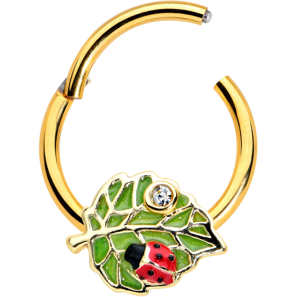BodyCandy 16G 3/8 Clear Gem Gold Tone Leafy Ladybug Hinged Segment Ring — detail close-up