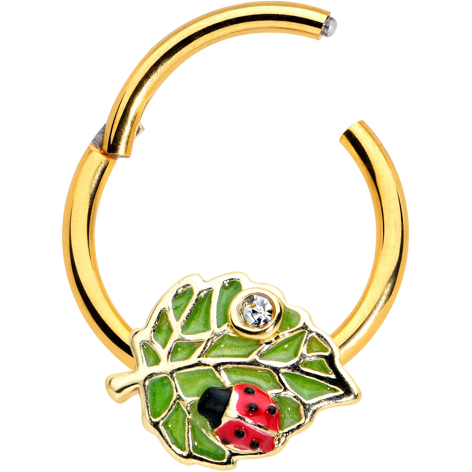 BodyCandy 16G 3/8 Clear Gem Gold Tone Leafy Ladybug Hinged Segment Ring — detail close-up
