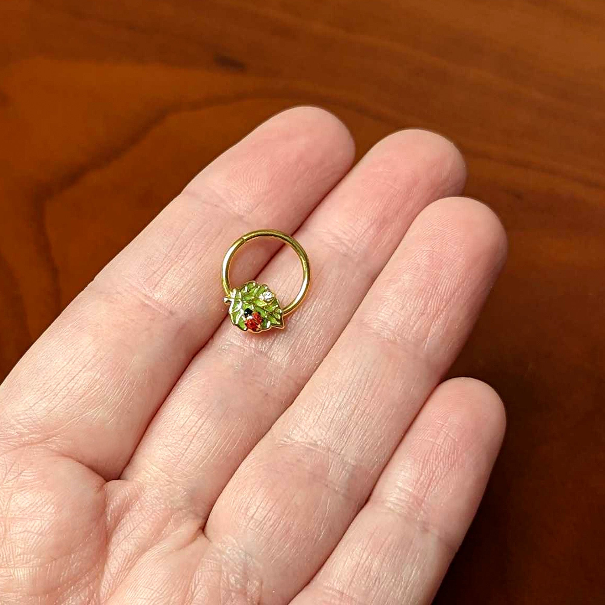 BodyCandy 16G 3/8 Clear Gem Gold Tone Leafy Ladybug Hinged Segment Ring — side view