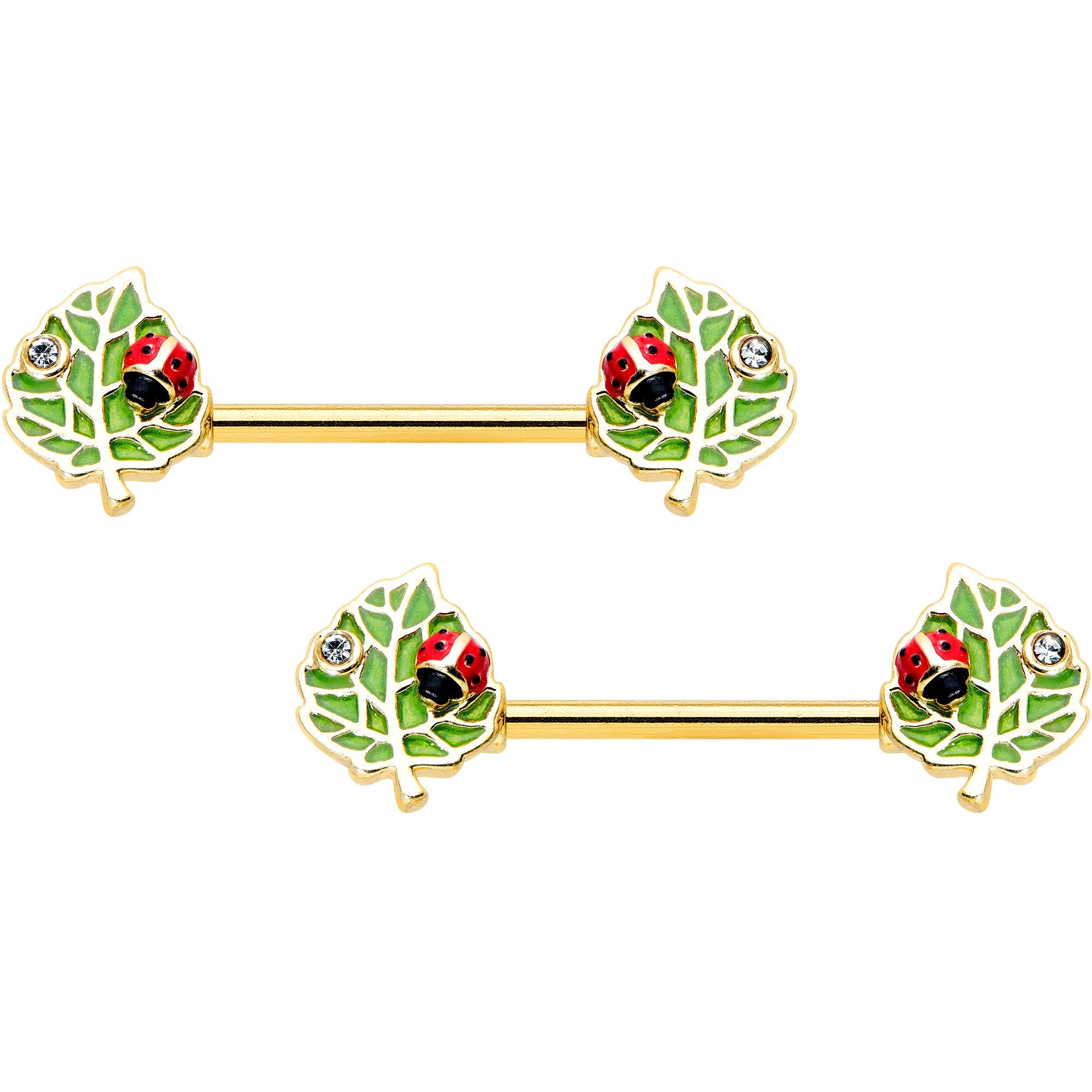 BodyCandy 14G 9/16 Clear Gem Gold Hue Leafy Ladybug Barbell Nipple Ring Set — main product shot