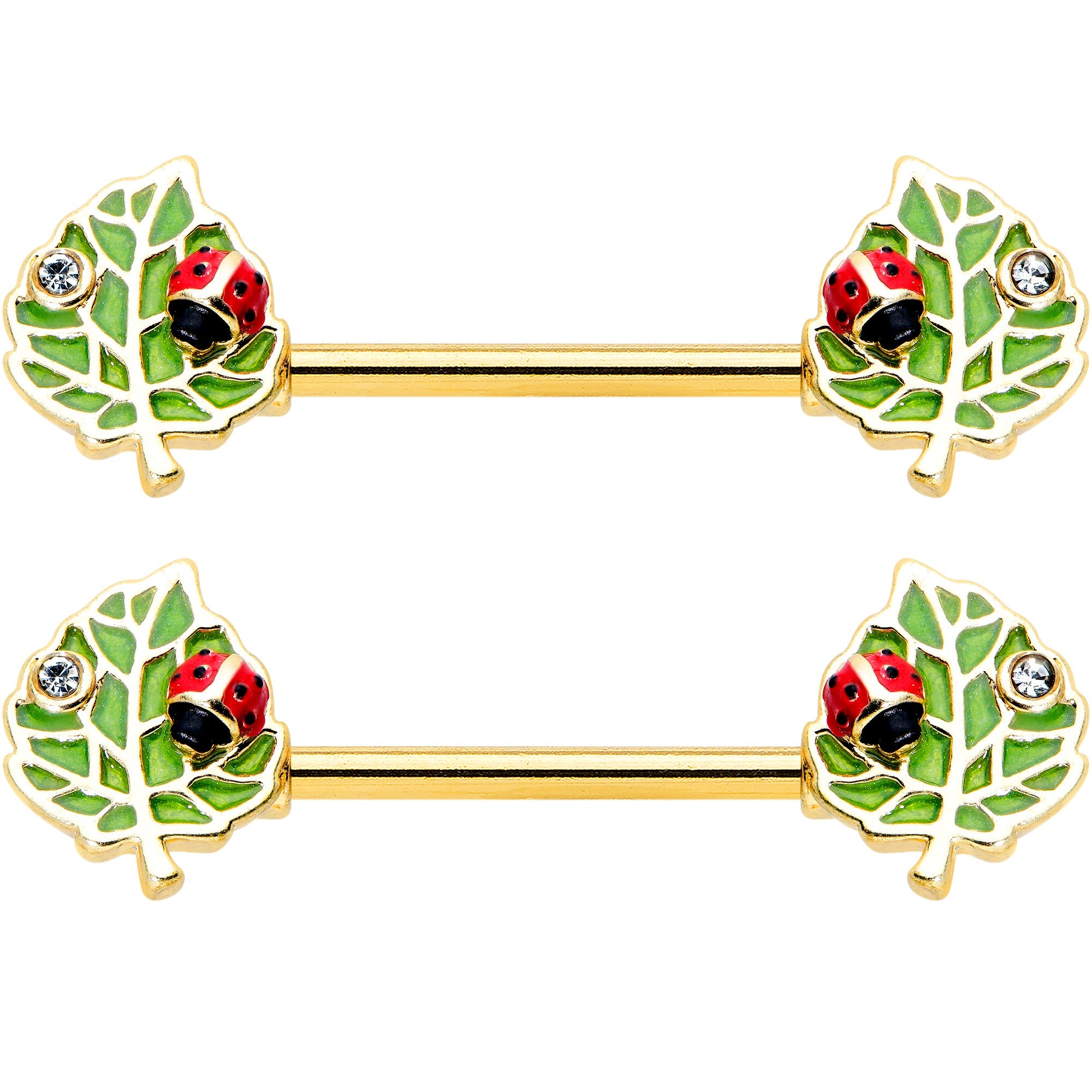 BodyCandy 14G 9/16 Clear Gem Gold Hue Leafy Ladybug Barbell Nipple Ring Set — detail close-up