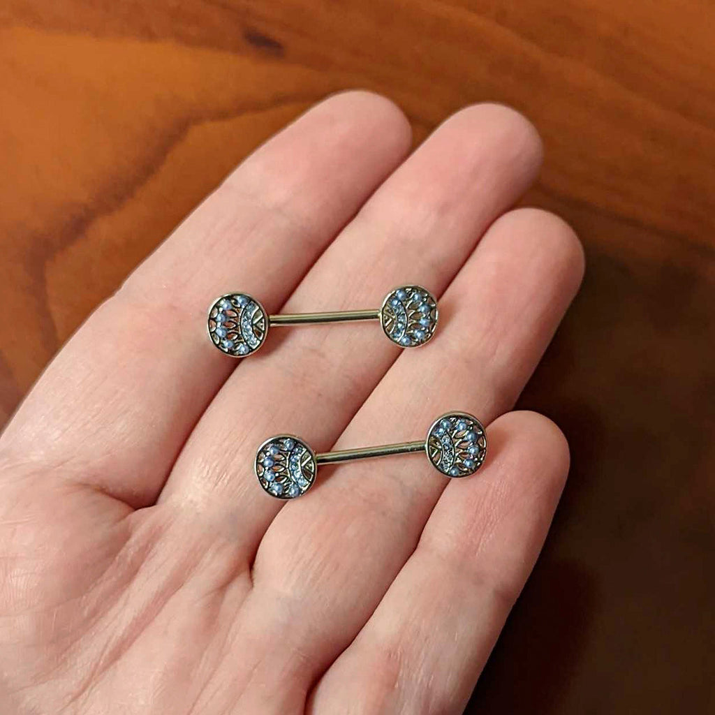 BodyCandy 14G 1/2 Blue Gem Geometric Blues Barbell Nipple Ring Set — side view