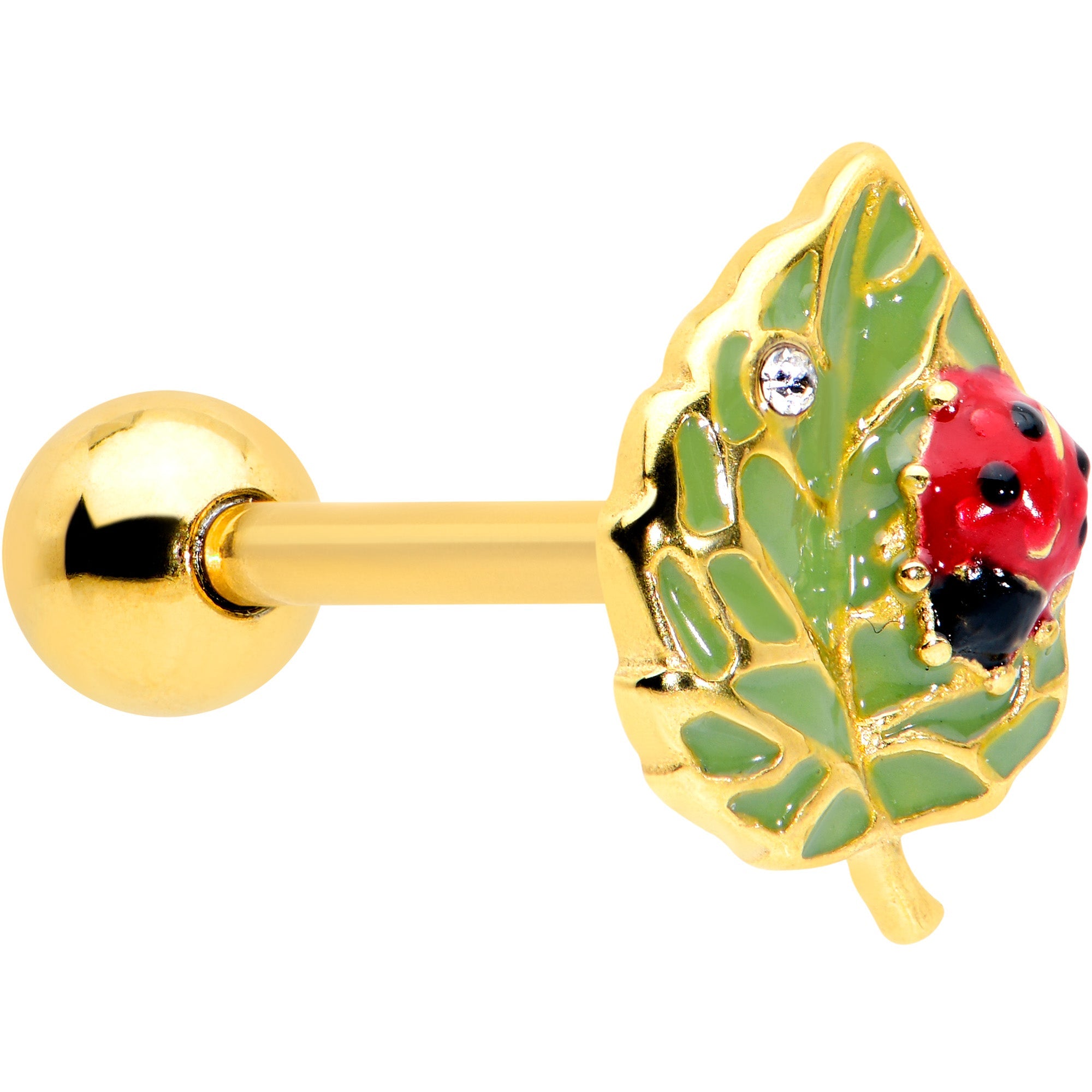 BodyCandy Clear Gem Gold Tone Leafy Ladybug Barbell Tongue Ring — main product shot