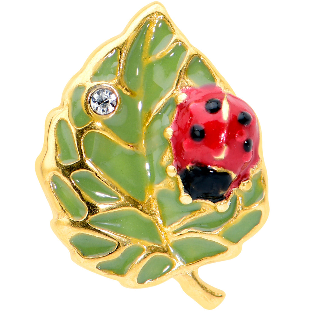 BodyCandy Clear Gem Gold Tone Leafy Ladybug Barbell Tongue Ring — detail close-up