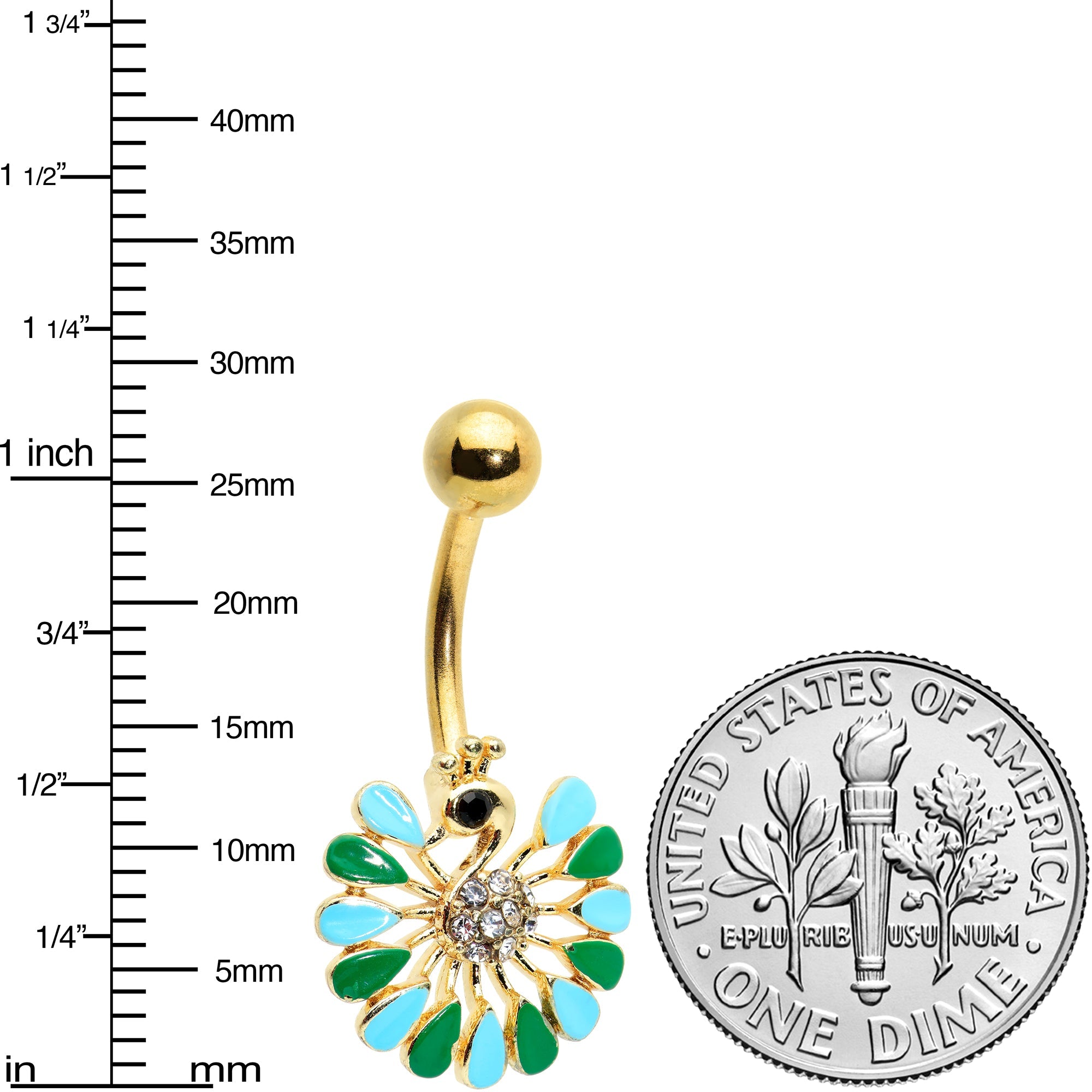 BodyCandy Clear Black Gem Gold Tone Pretty Peacock Belly Ring — detail close-up