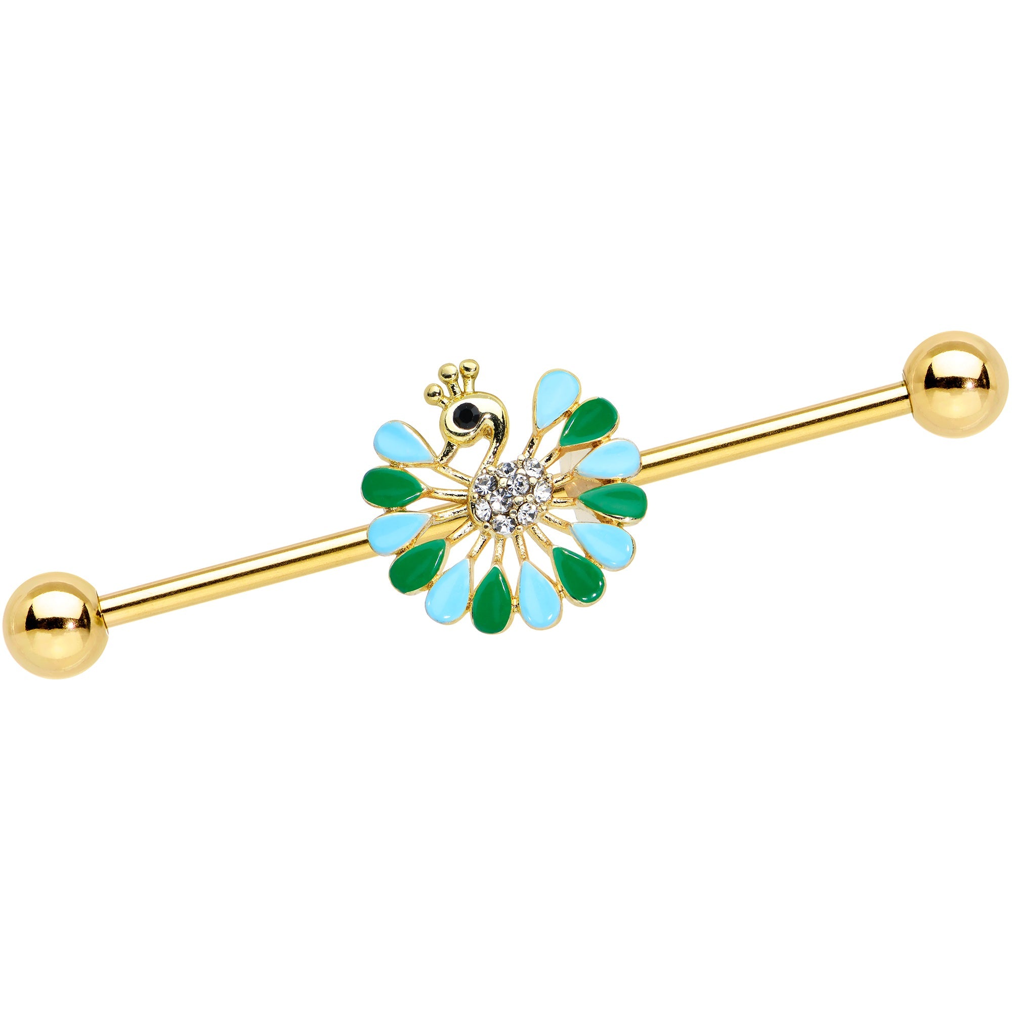 BodyCandy 14G Clear Black Gold Tone Pretty Peacock Industrial Barbell 38mm — main product shot