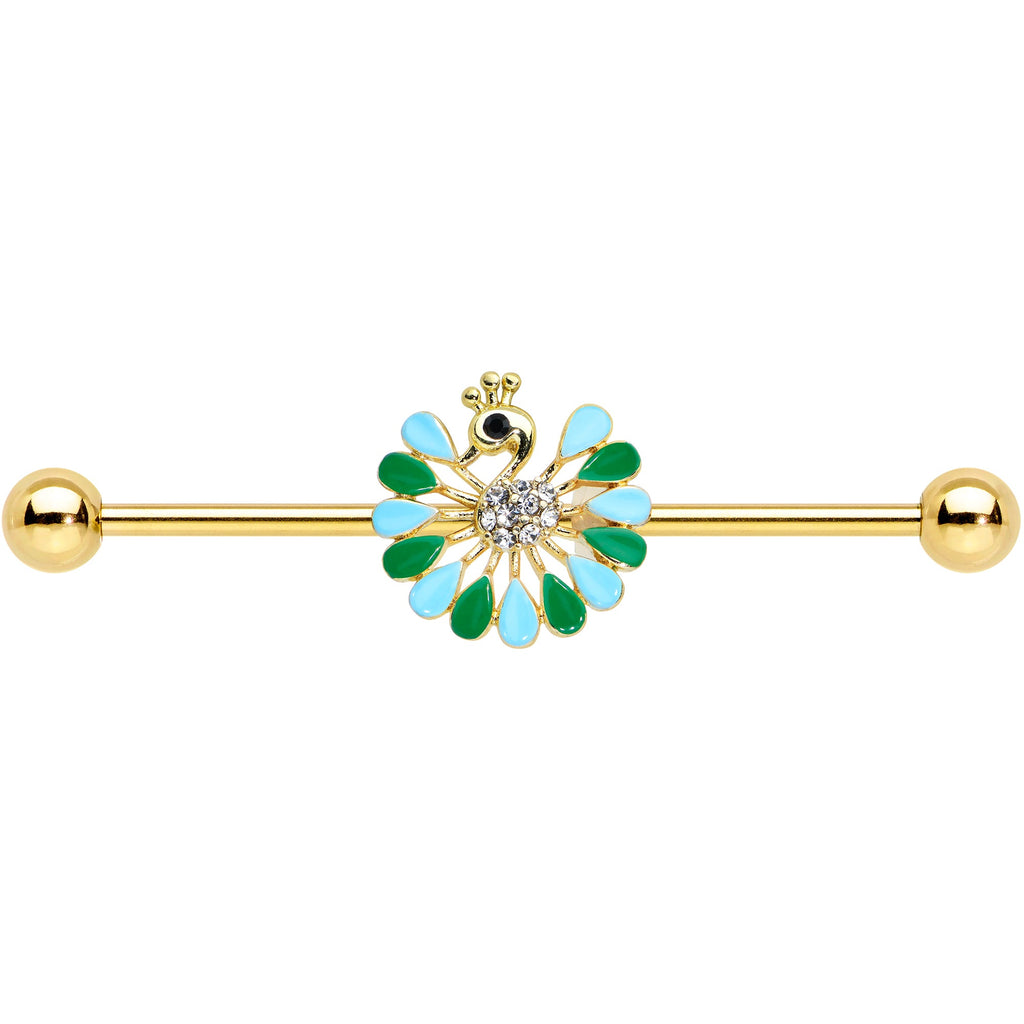 BodyCandy 14G Clear Black Gold Tone Pretty Peacock Industrial Barbell 38mm — detail close-up