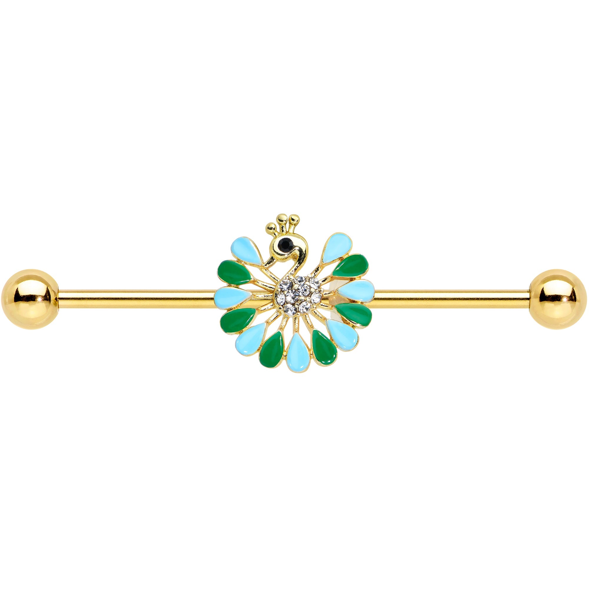 BodyCandy 14G Clear Black Gold Tone Pretty Peacock Industrial Barbell 38mm — detail close-up