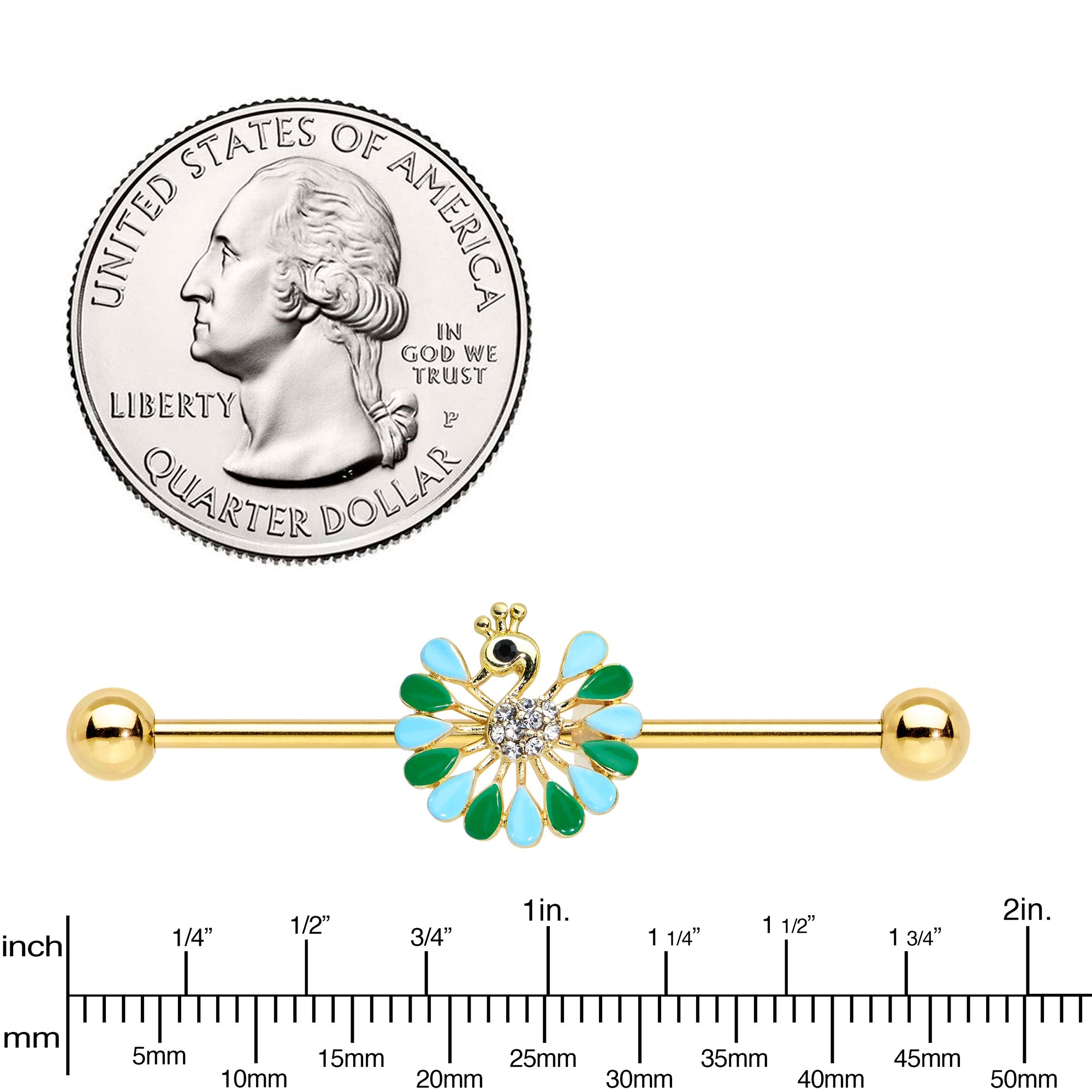 BodyCandy 14G Clear Black Gold Tone Pretty Peacock Industrial Barbell 38mm — lifestyle context