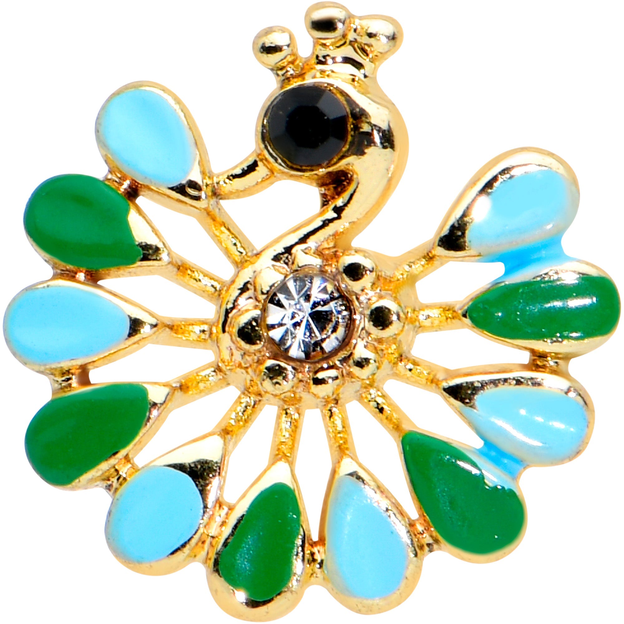 BodyCandy 16G 1/4 Clear Black Gem Gold Tone Pretty Peacock Cartilage Tragus — detail close-up