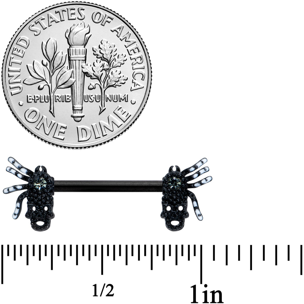 BodyCandy 14G 1/2 Clear Gem Black Skull Spider Halloween Nipple Ring Set — detail close-up
