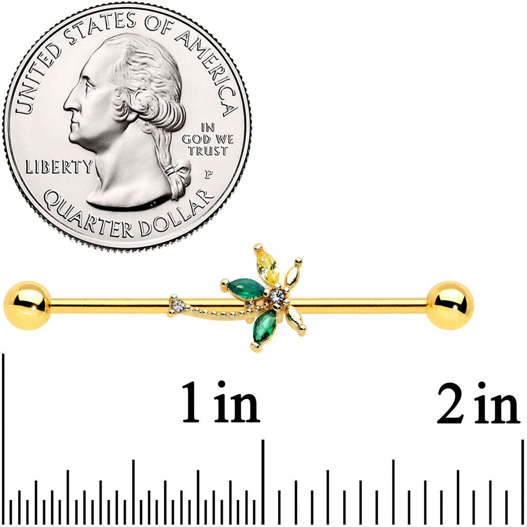 BodyCandy 14G Clear Green Gem Gold Tone Palm Tree Industrial Barbell 38mm — detail close-up