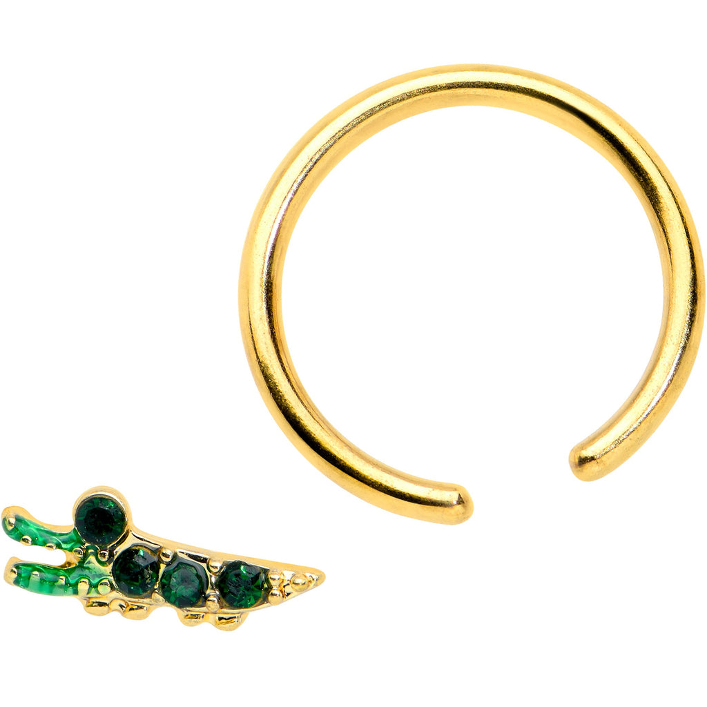 BodyCandy 16G 3/8 Green Gem Gold Tone Happy Alligator BCR Captive Ring — detail close-up