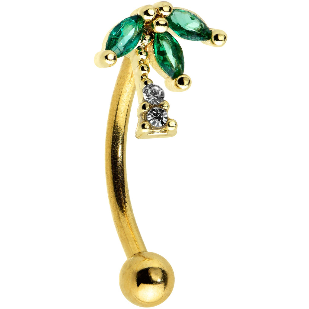 BodyCandy 16G 5/16 Clear Green Gem Gold Tone Palm Tree Curved Eyebrow Ring — main product shot
