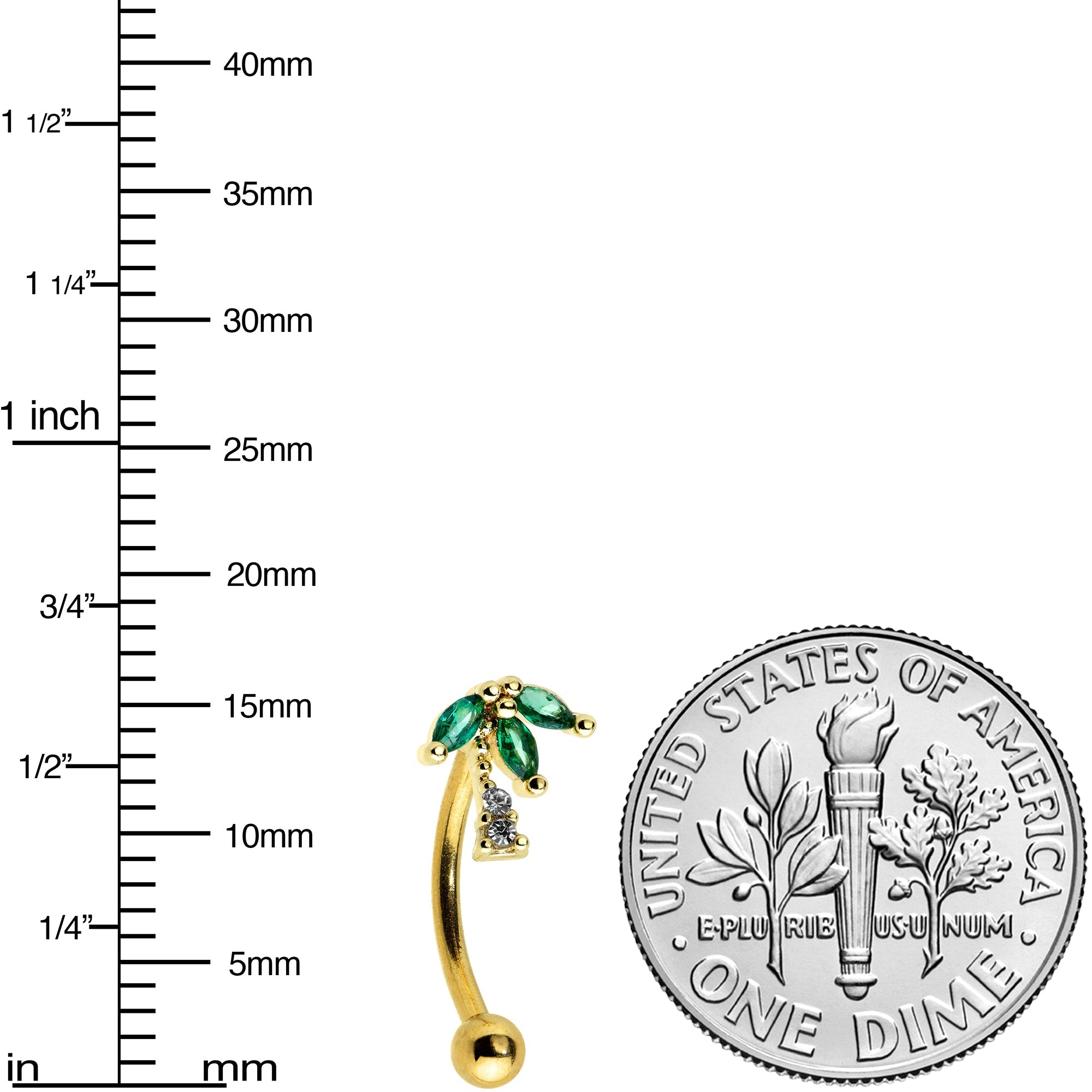 BodyCandy 16G 5/16 Clear Green Gem Gold Tone Palm Tree Curved Eyebrow Ring — detail close-up