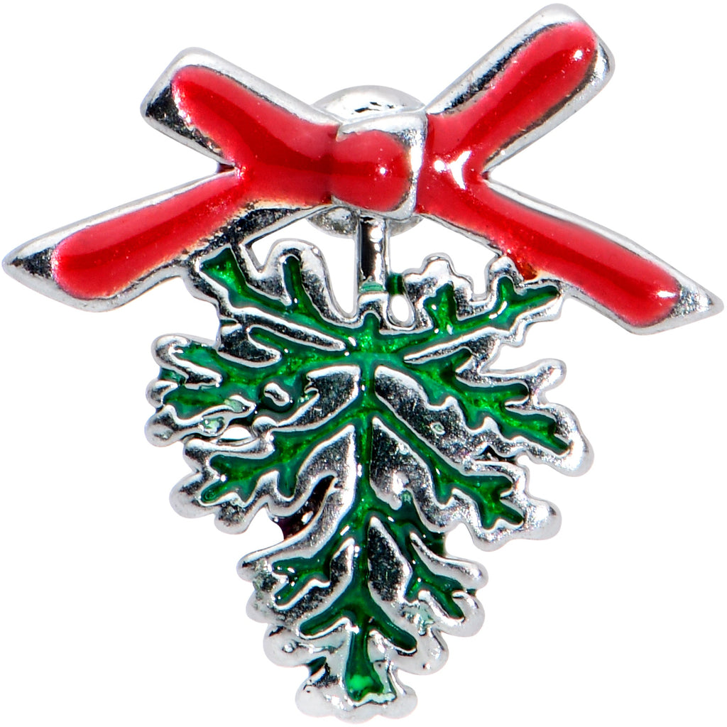 BodyCandy 16G 1/4 Pine Bough Red Bow Christmas Cartilage Tragus Earring — detail close-up