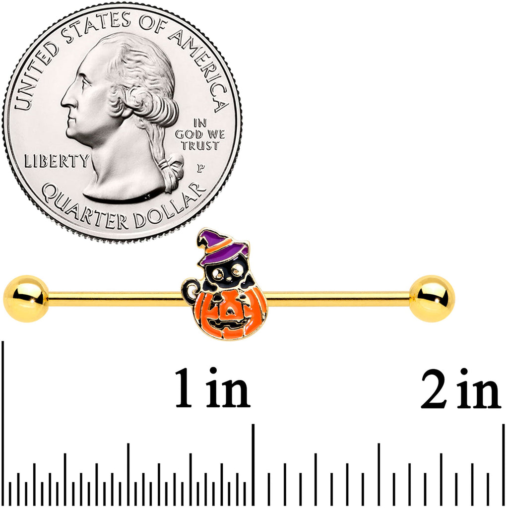 BodyCandy 14G Gold Tone Black Cat Witch Halloween Industrial Barbell 38mm — detail close-up