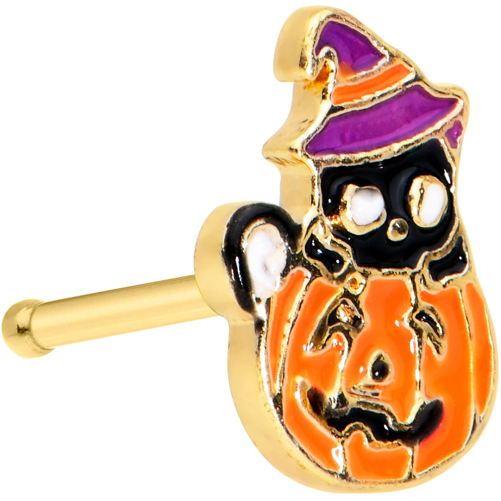 BodyCandy 20G 1/4 Gold Tone Pumpkin Black Cat Witch Halloween Nose Bone — main product shot