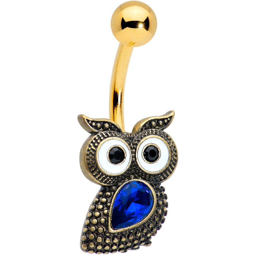 BodyCandy Blue Gem Gold Tone Wide Eyed Owl Belly Ring — main product shot