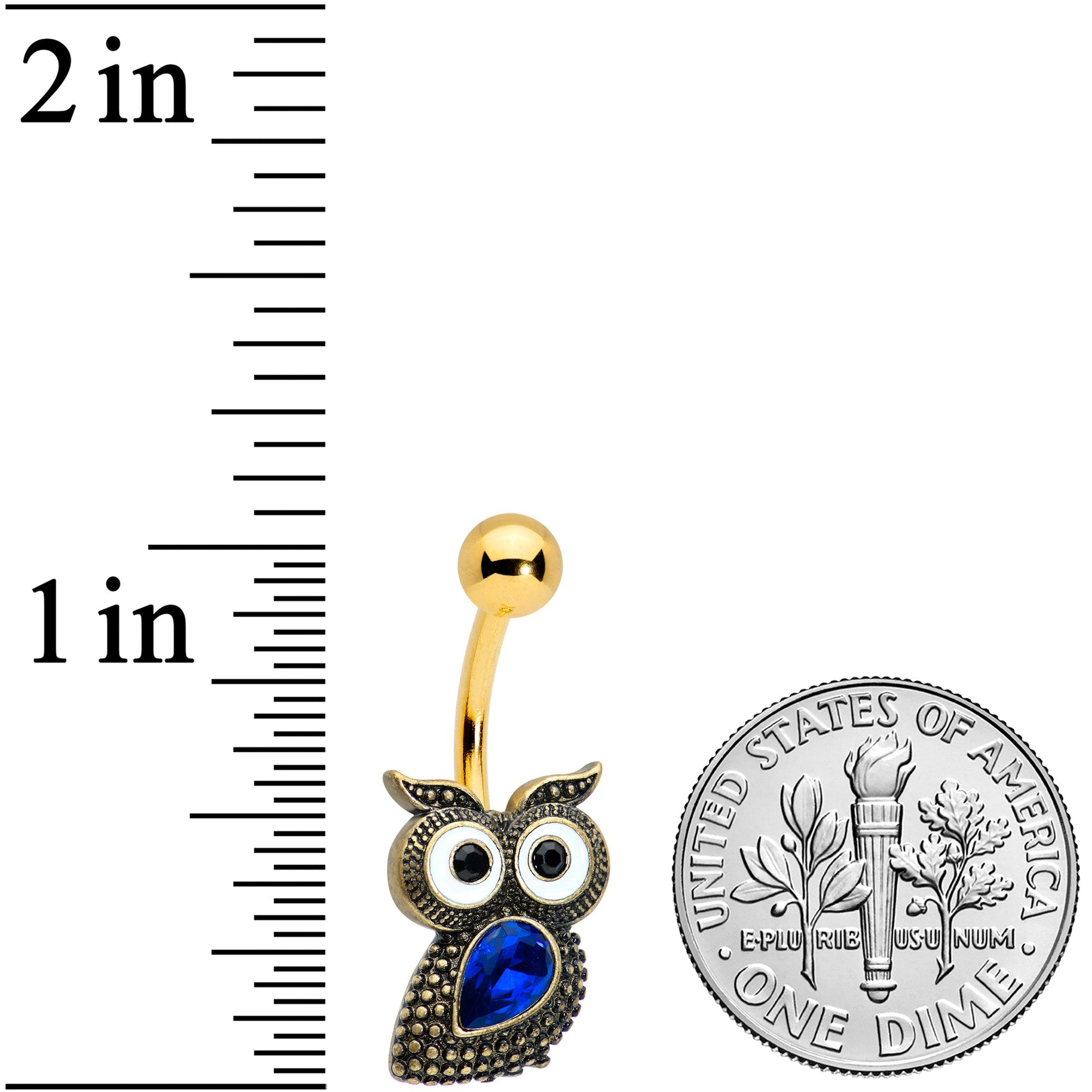 BodyCandy Blue Gem Gold Tone Wide Eyed Owl Belly Ring — detail close-up