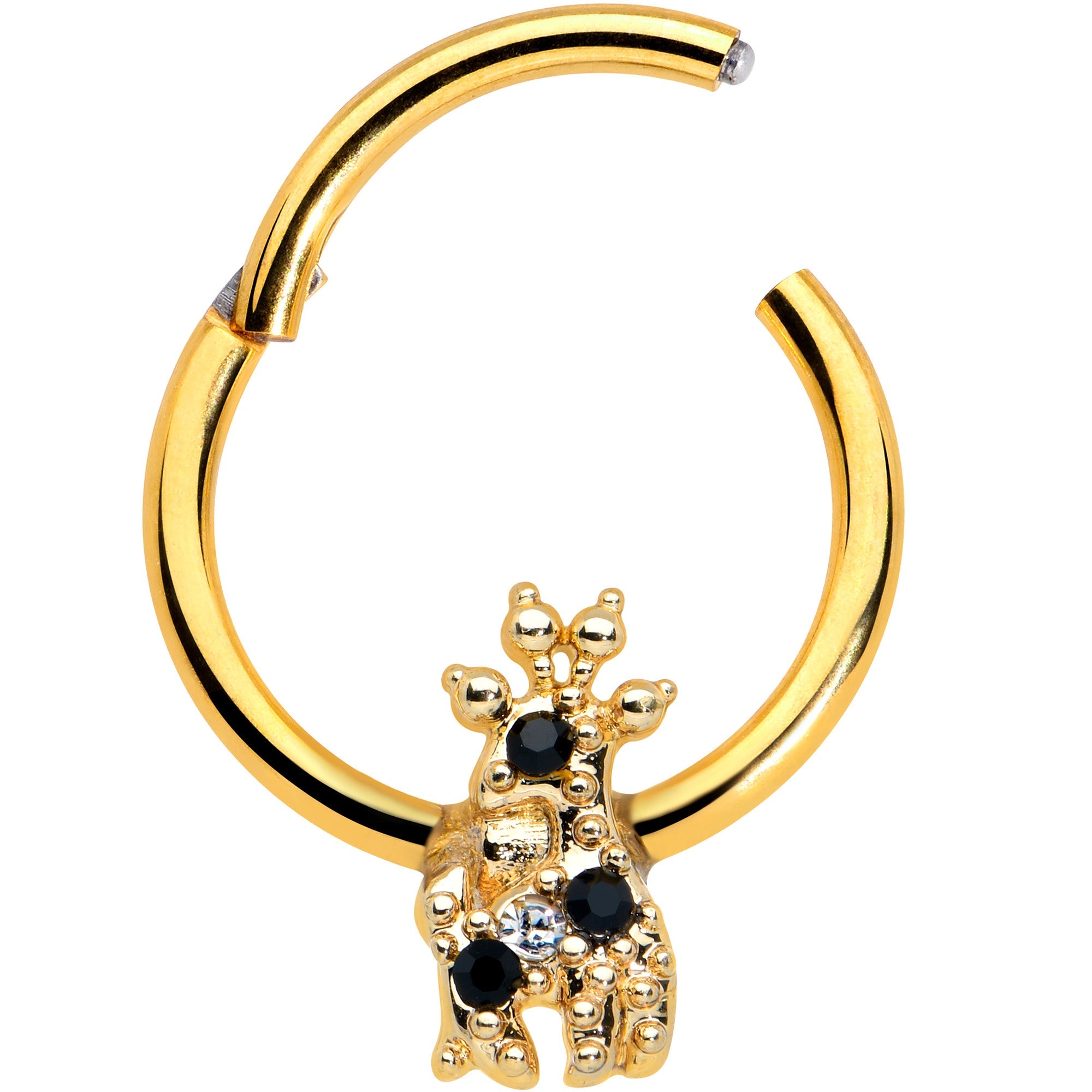 BodyCandy 16G 3/8 Black Gem Gold Tone Decadent Deer Hinged Segment Ring — detail close-up