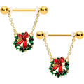 BodyCandy 14G 5/8 Gold Tone Festive Wreath Christmas Dangle Nipple Ring Set — main product shot