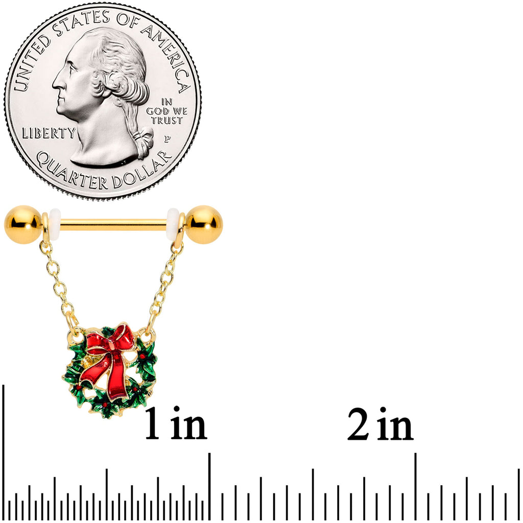 BodyCandy 14G 5/8 Gold Tone Festive Wreath Christmas Dangle Nipple Ring Set — detail close-up