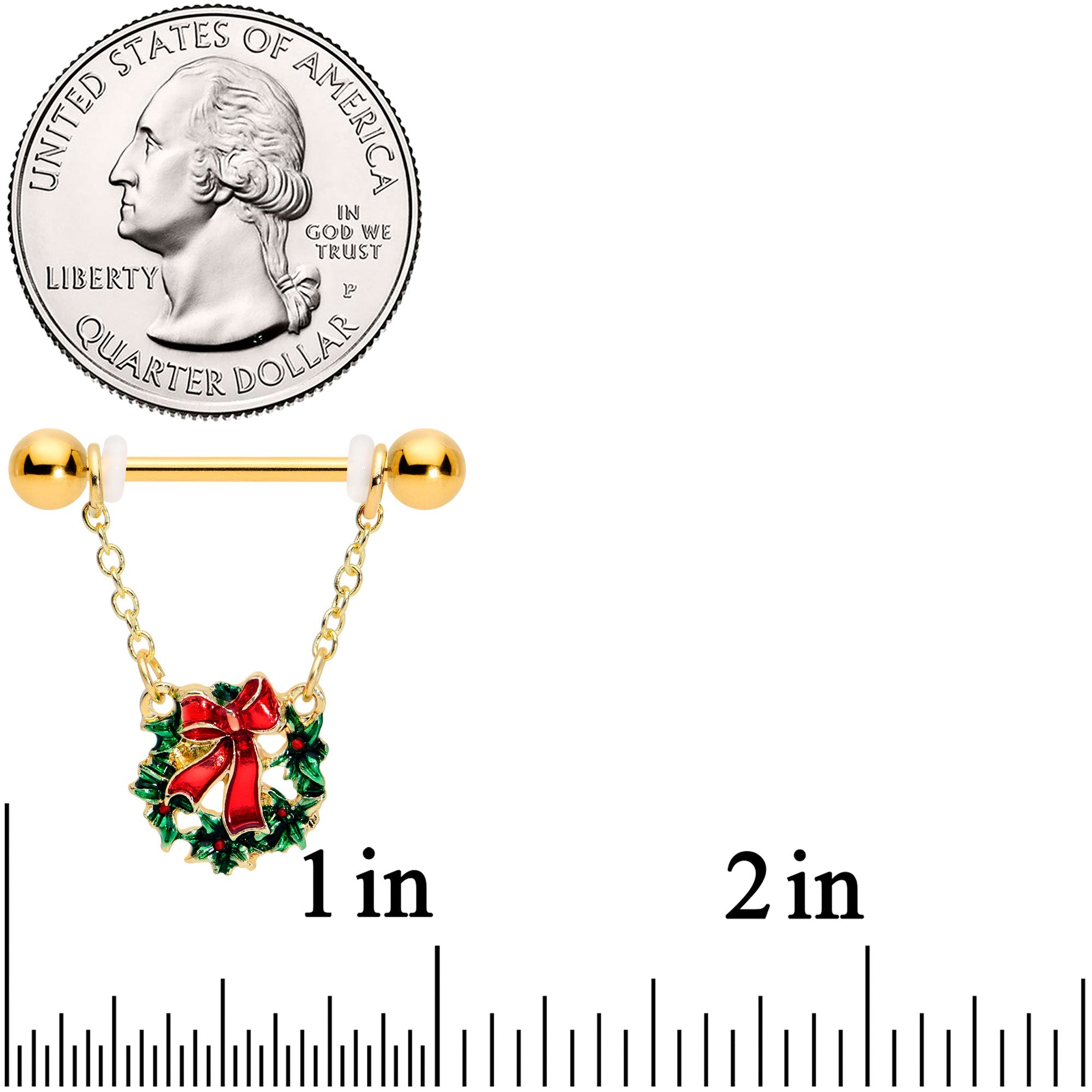 BodyCandy 14G 5/8 Gold Tone Festive Wreath Christmas Dangle Nipple Ring Set — detail close-up