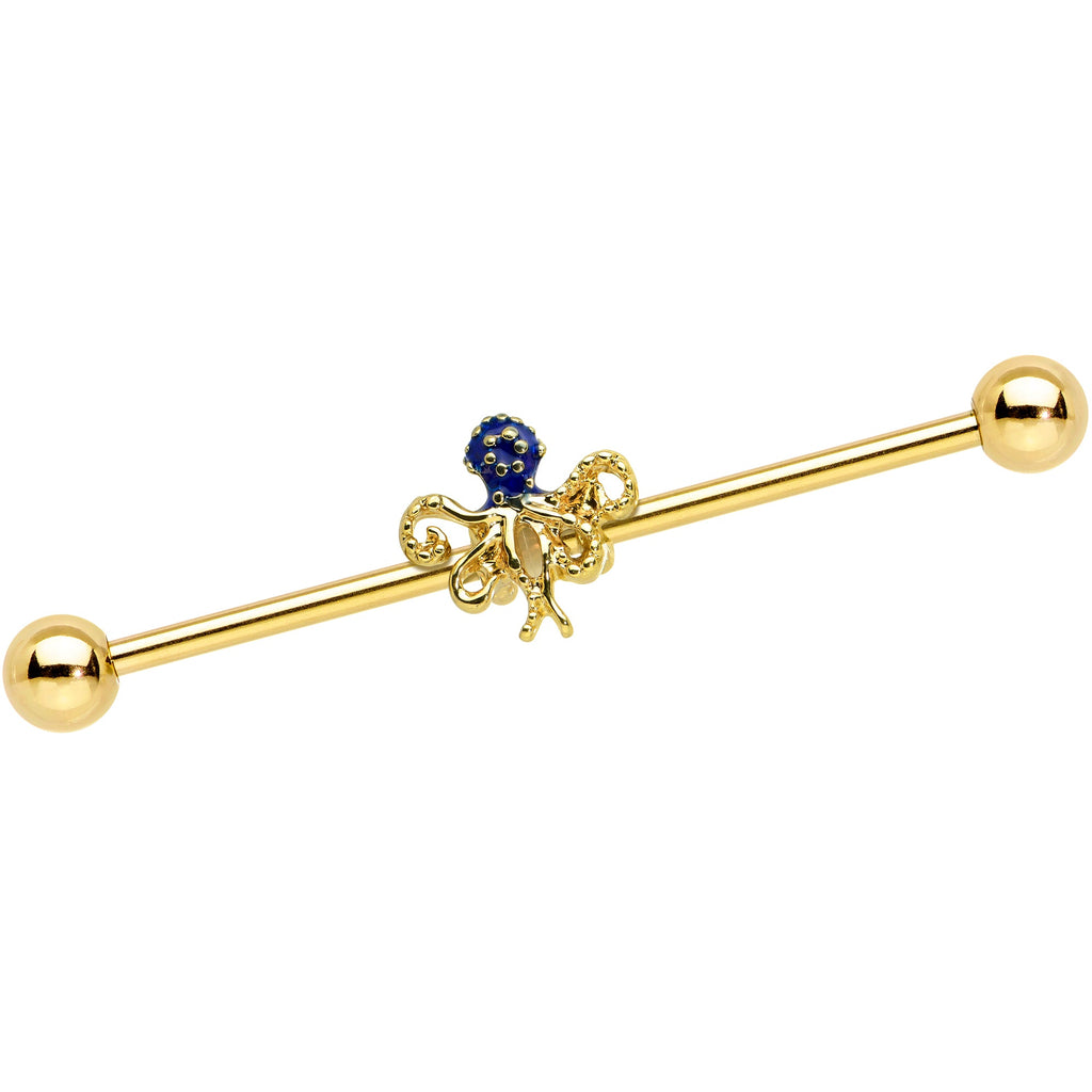 BodyCandy 14G Gold Tone Textured Blue Octopus Industrial Barbell 38mm — main product shot