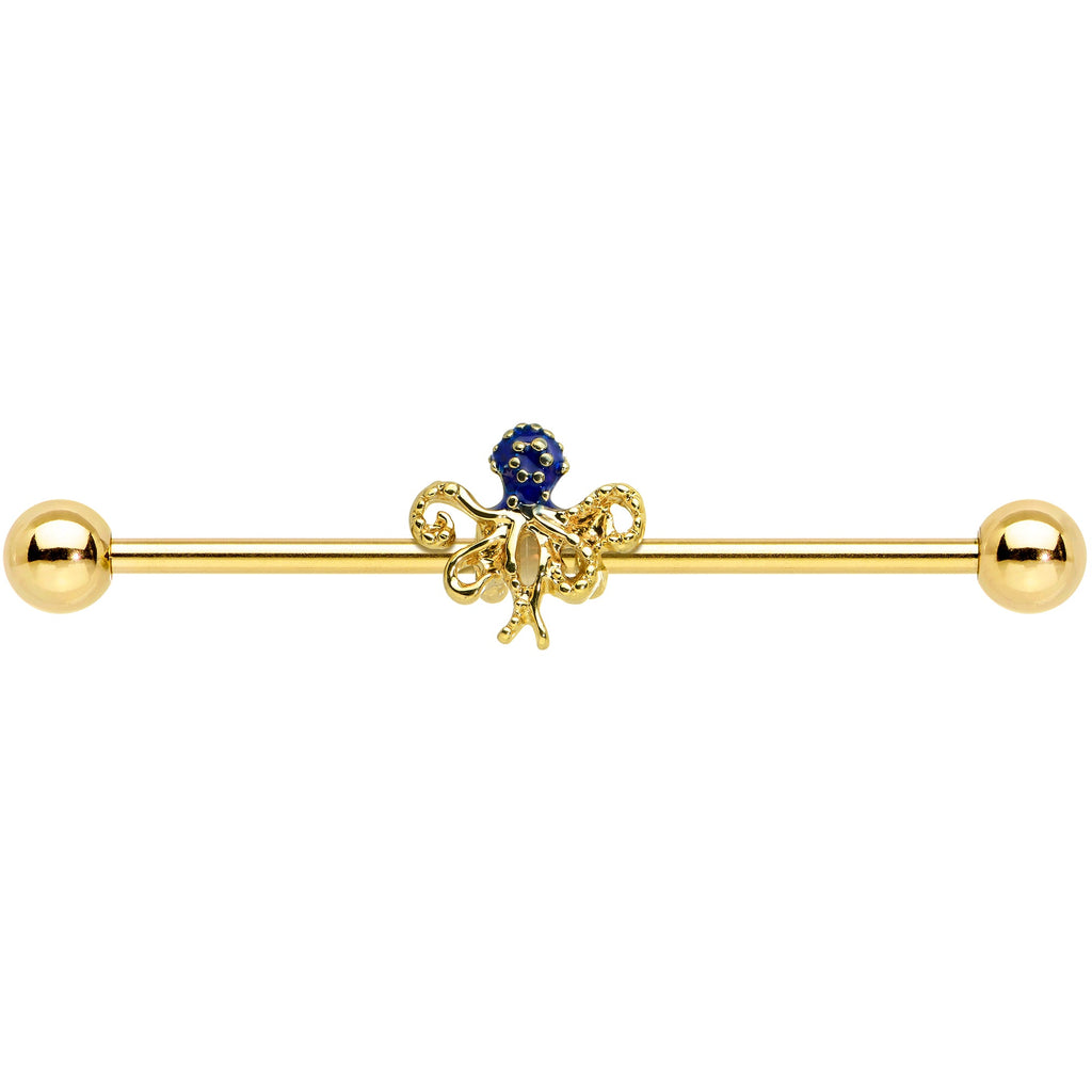 BodyCandy 14G Gold Tone Textured Blue Octopus Industrial Barbell 38mm — detail close-up