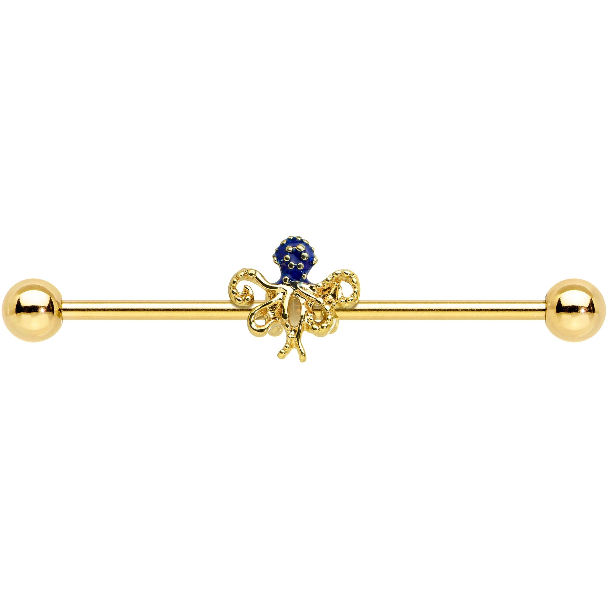 BodyCandy 14G Gold Tone Textured Blue Octopus Industrial Barbell 38mm — detail close-up