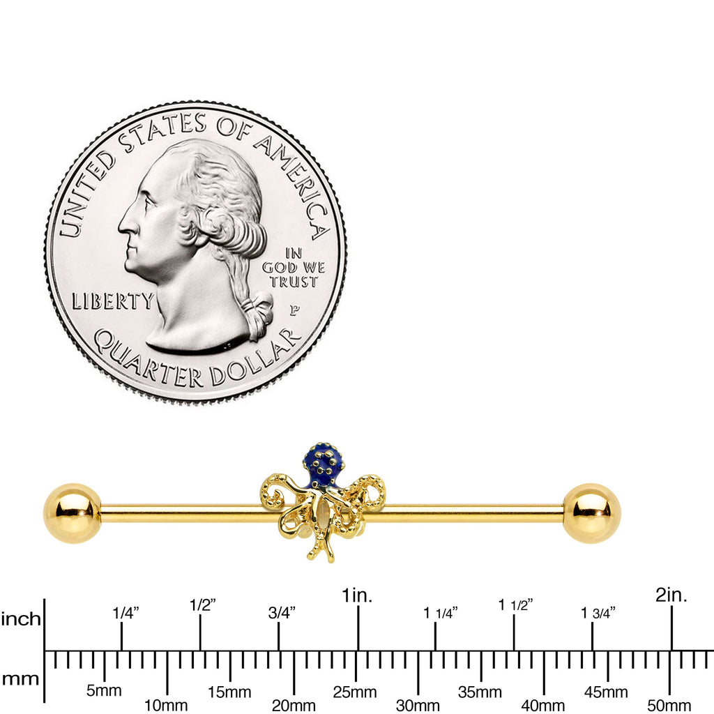 BodyCandy 14G Gold Tone Textured Blue Octopus Industrial Barbell 38mm — lifestyle context