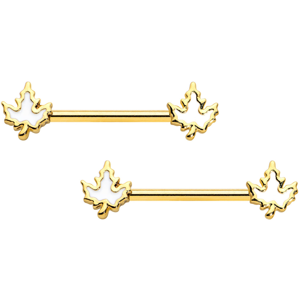 BodyCandy 14G 9/16 Gold Tone Fall White Maple Leaf Barbell Nipple Ring Set — main product shot