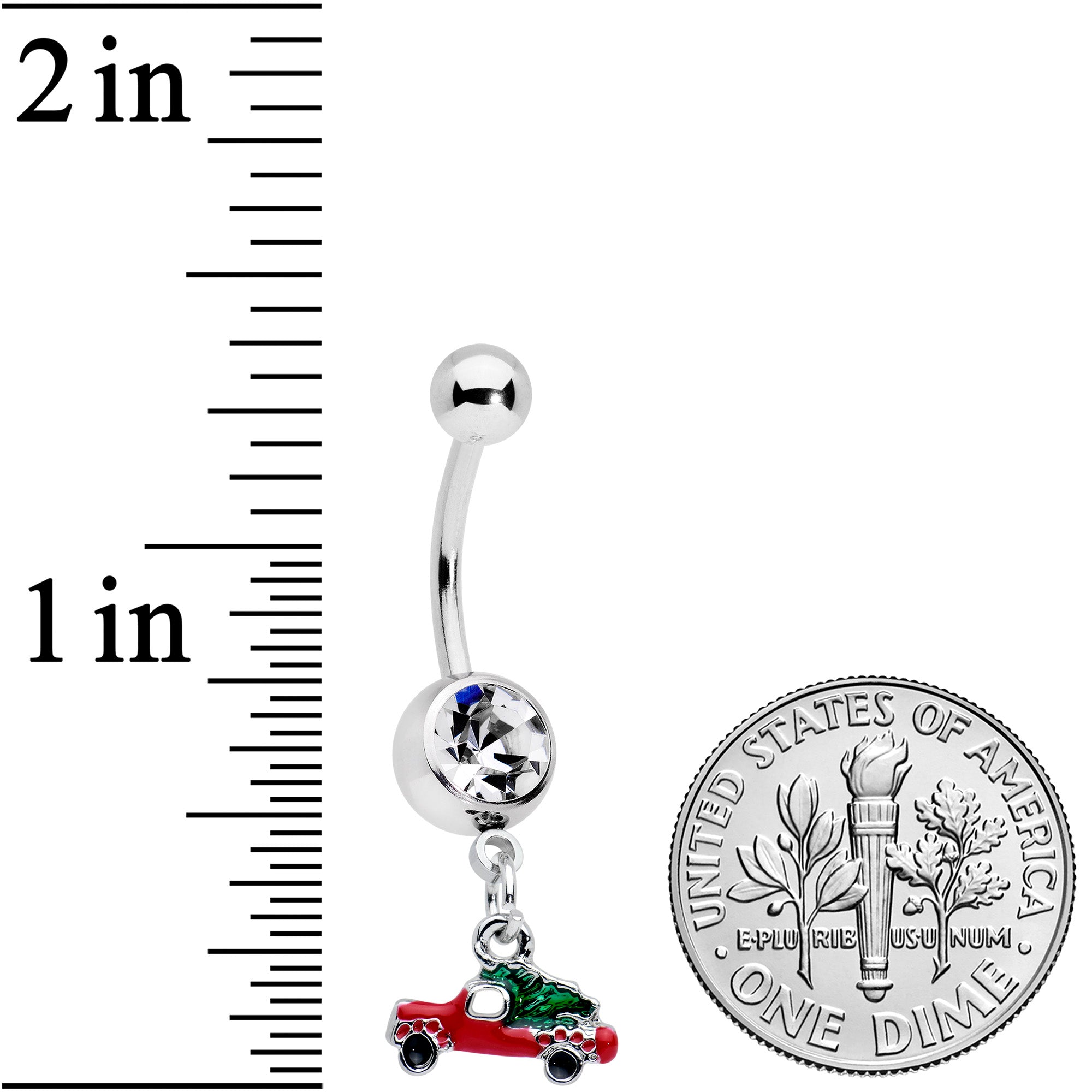 BodyCandy Clear Gem Christmas Tree in a Truck Dangle Belly Ring — detail close-up