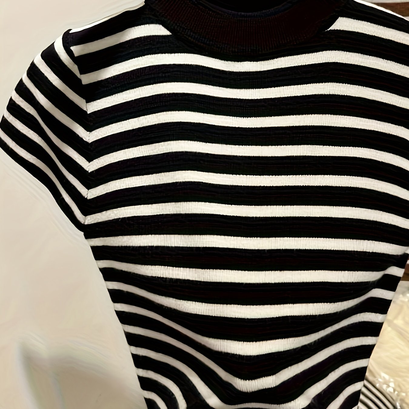 MyClosetAid Semi-High Neck Striped Short-Sleeved T-Shirt — fabric or material detail