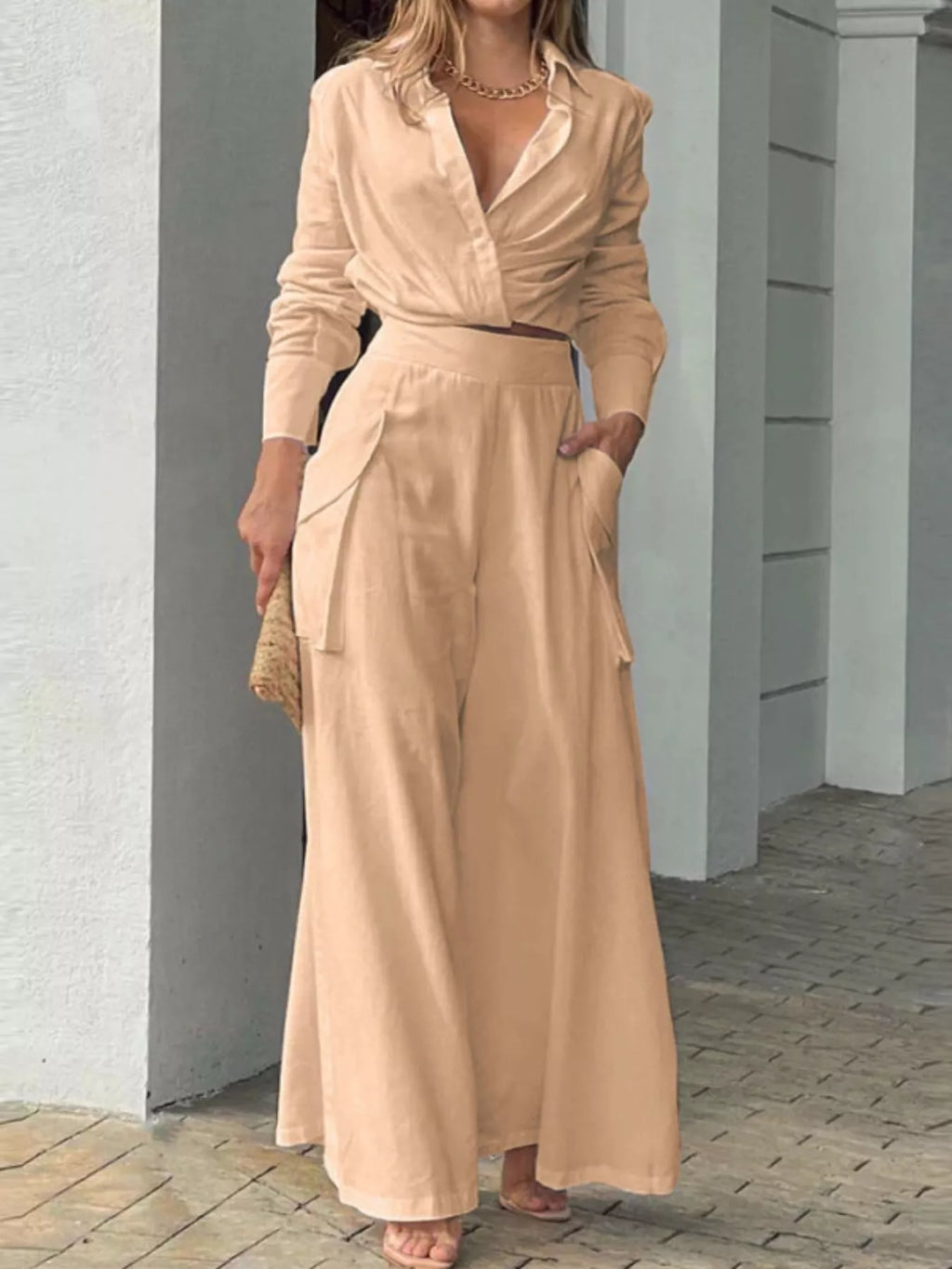 Long Sleeve Shirt and Wide Leg Pants Set