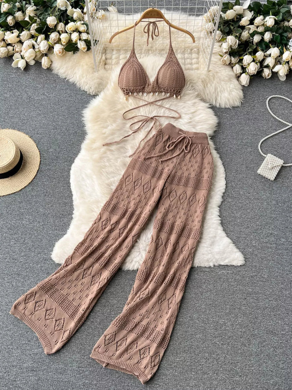 Crochet Knit Halter Neck Top and Wide Leg Pants Set