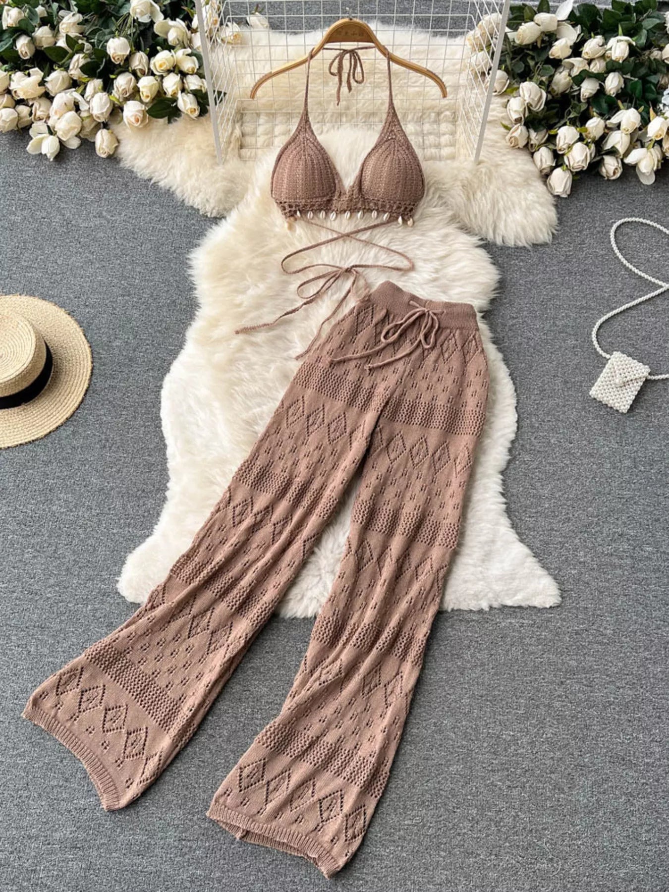 Crochet Knit Halter Neck Top and Wide Leg Pants Set