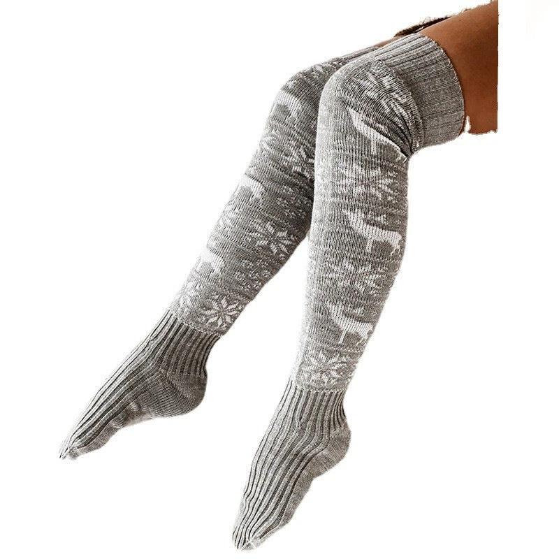 MANDOTOS Christmas Knitted Stockings Elk Snowflake Over-The-Knee Socks Free Size For Women
