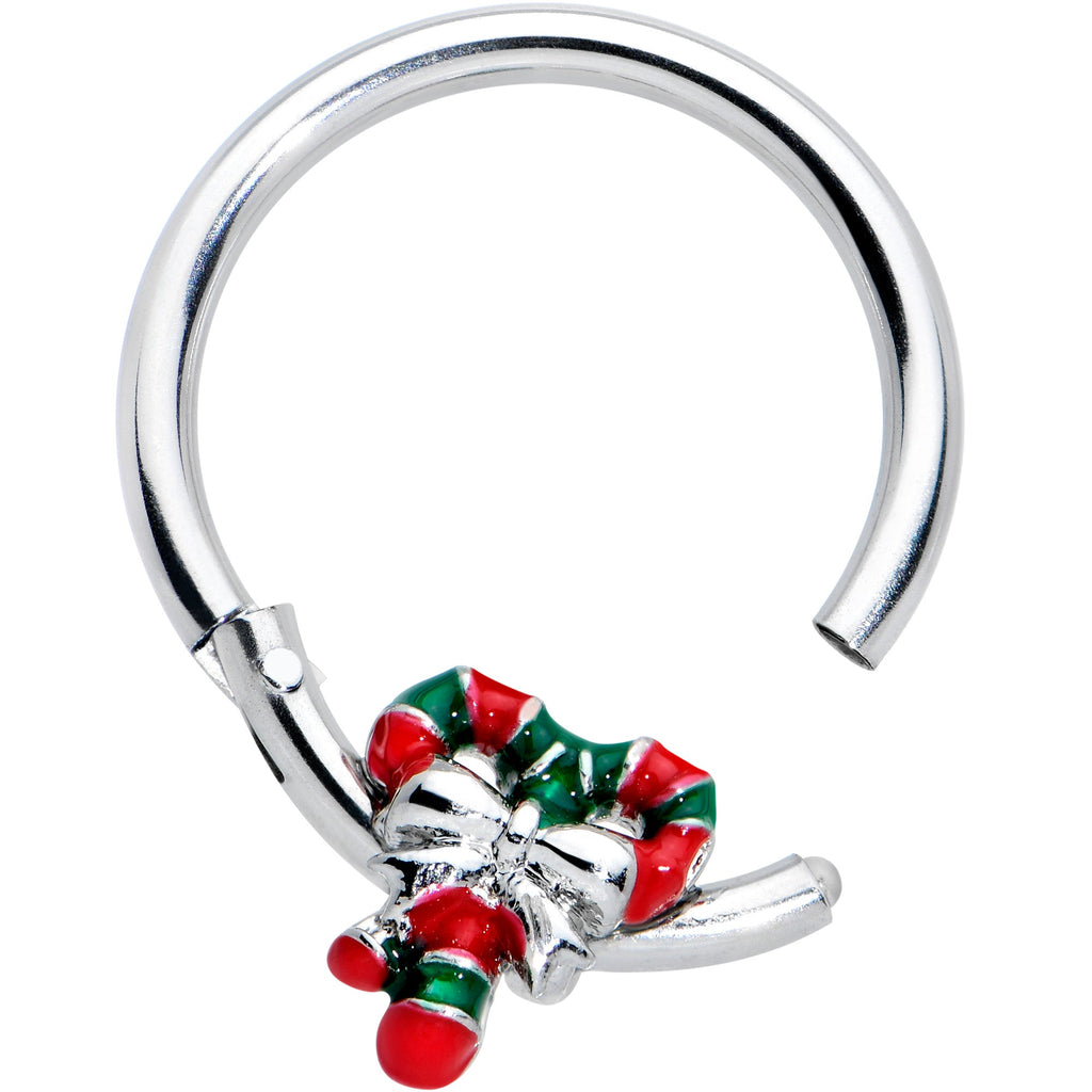 BodyCandy 16G 3/8 Pair of Christmas Candy Canes Hinged Segment Ring — detail close-up
