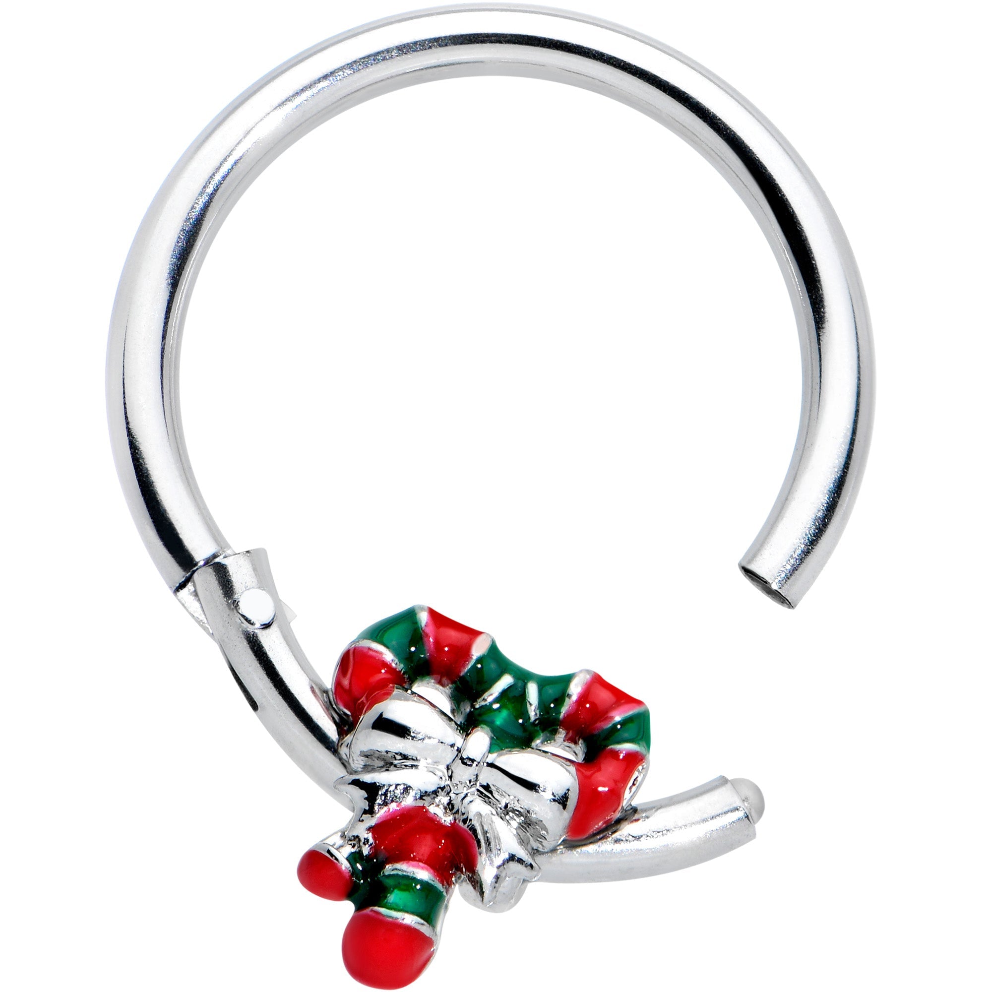 BodyCandy 16G 3/8 Pair of Christmas Candy Canes Hinged Segment Ring — detail close-up