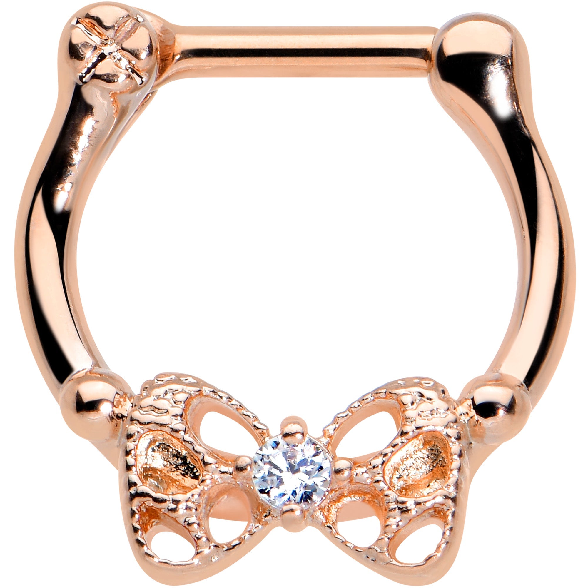 BodyCandy 16G 3/8 Clear CZ Gem Rose Gold Hue Openwork Bow Cartilage Clicker — main product shot