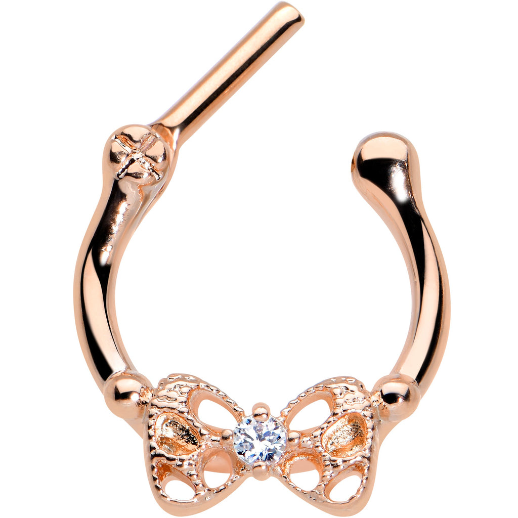 BodyCandy 16G 3/8 Clear CZ Gem Rose Gold Hue Openwork Bow Cartilage Clicker — detail close-up