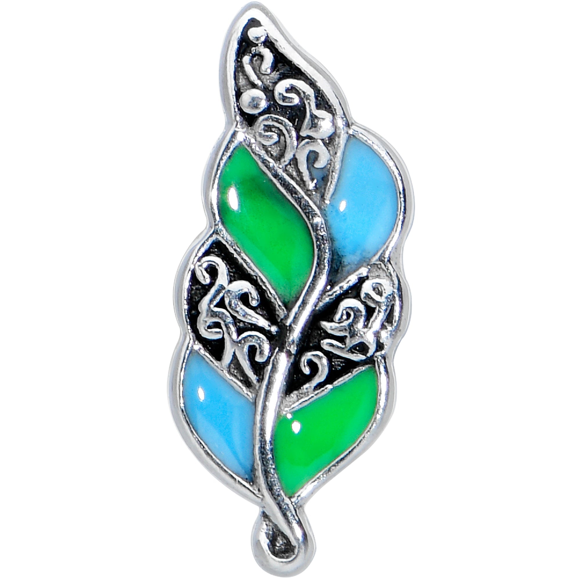 BodyCandy Filigree Blue Green Leaves Barbell Tongue Ring — detail close-up