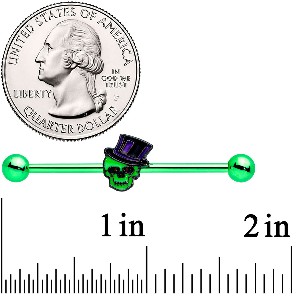 BodyCandy 14G Green Top Hat Skull Halloween Industrial Barbell 38mm — detail close-up