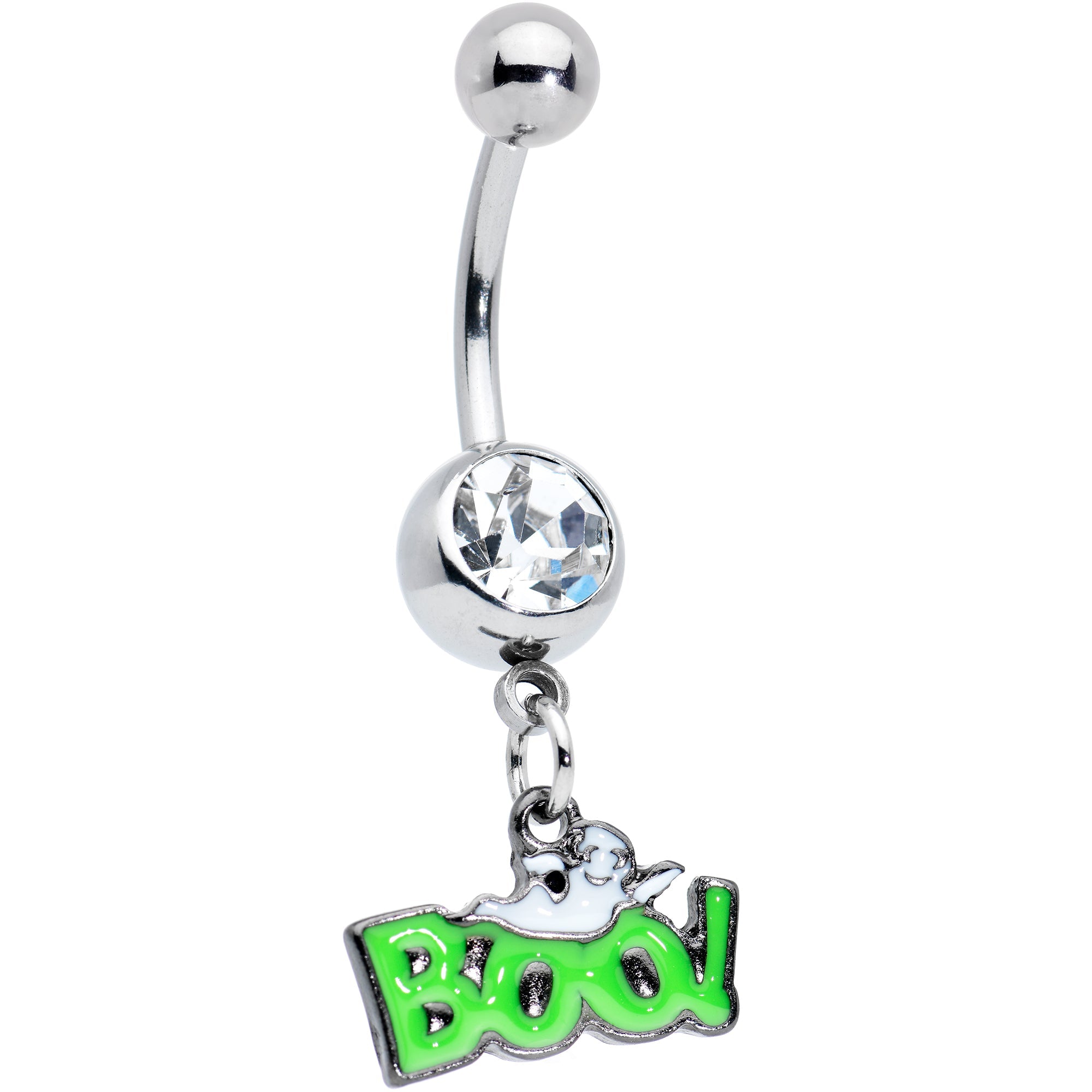 BodyCandy Clear Gem Green Boo Ghost Halloween Dangle Belly Ring — main product shot