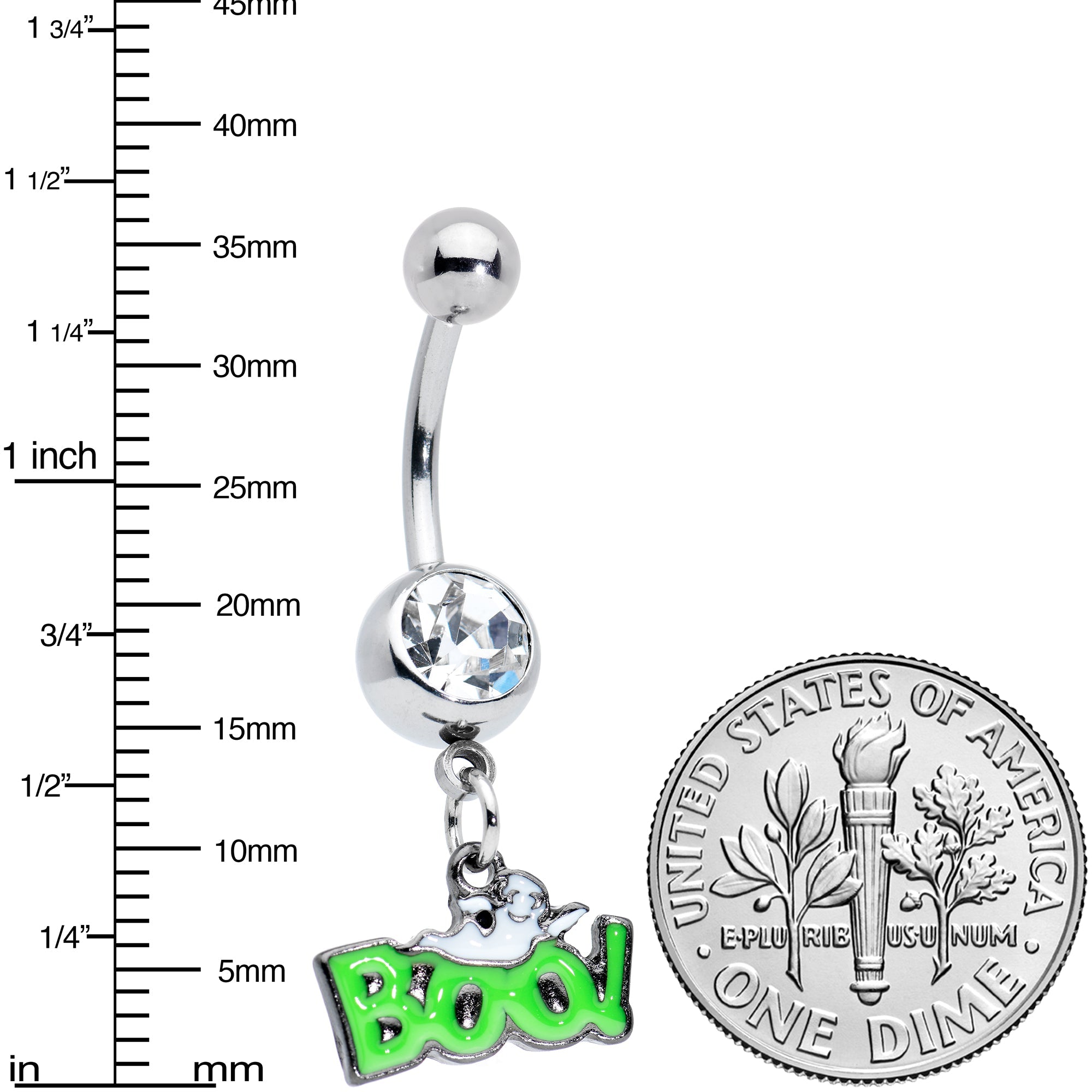 BodyCandy Clear Gem Green Boo Ghost Halloween Dangle Belly Ring — detail close-up